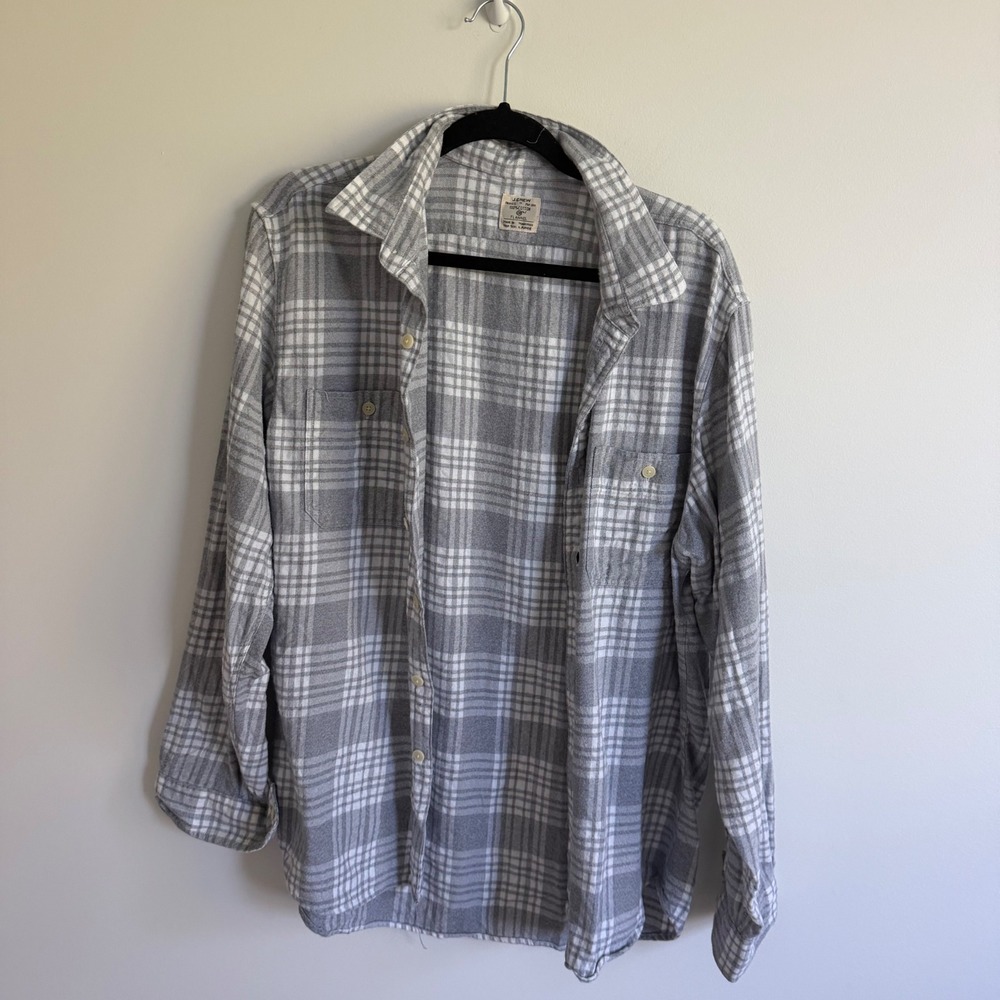 J.Crew Mens Flannel Shirt Gray White Plaid Cotton Button Down Large 28897 HO 11